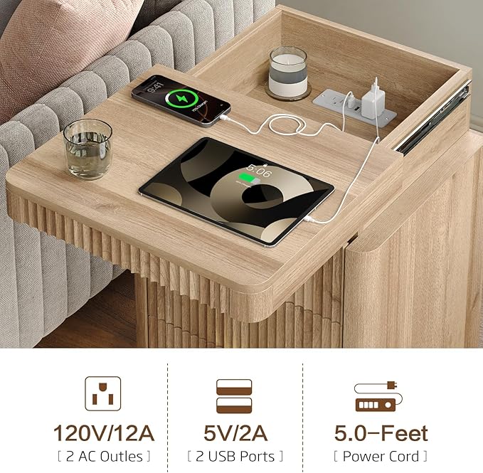 Yanosaku Night Stand Set of 2 with Charging Station, 3-Drawer Fluted LED Bedside Tables with Sliding Top & USB Outlets, Modern End Tables for Small Bedroom Living Room, Oak - Image 5