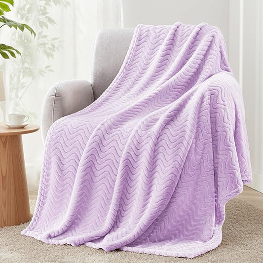 Exclusivo Mezcla Fleece Throw Blanket for Couch, Cozy Lightweight Blankets for All Season, Decorative Giftable Fuzzy Plush Wave Textured Throws for Women, Men, Lilac Purple, 50x70 Inches