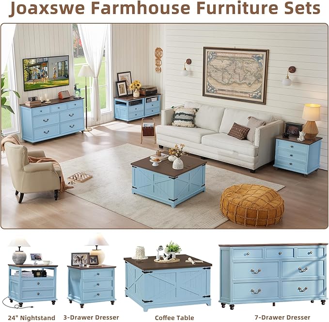 Joaxswe 24" Wide Farmhouse Nightstand Set of 2, 54" 7 Drawers Dresser, 45" Tall Rustic Chests of 5 Drawers w/ 4 Solid Wood Feet, Farmhouse Furniture Series for Living Room,Bedroom,LightBlue
