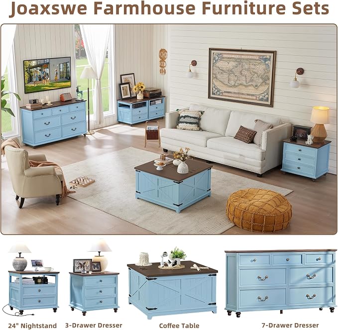 Joaxswe Farmhouse 7 Drawers Dresser for Bedroom, Light Blue 54 Inch Wide Chest of Drawers w/ 4 Wooden Legs, Large Vintage Rustic Closet Dressers for Living Room, Wood TV Stand with Storage Organizer - Image 3