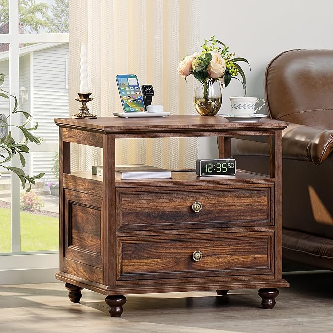 Joaxswe Farmhouse Nightstand with Charging Station, 24" Wide End Table with 2 Drawers,Brown Dresser for Bedroom, Bed Side Table Chest of Drawers Cabinet,Wood Night Stand for Living Room, Closet by Joaxswe