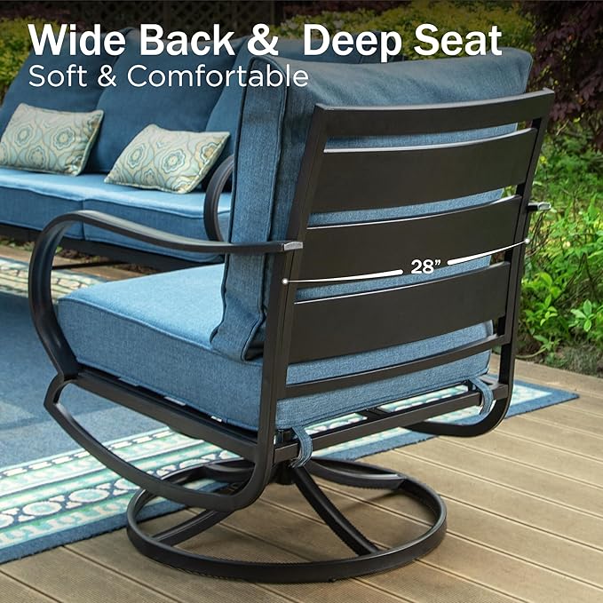 PHI VILLA 4 Piece Patio Furniture with FirePit Table, Metal Outdoor Furniture Set with 3-Seat Wide Deep Seating Bench & 2 x Swivel Sofa Chairs, Outdoor Conversation Set for 5, Navy Blue