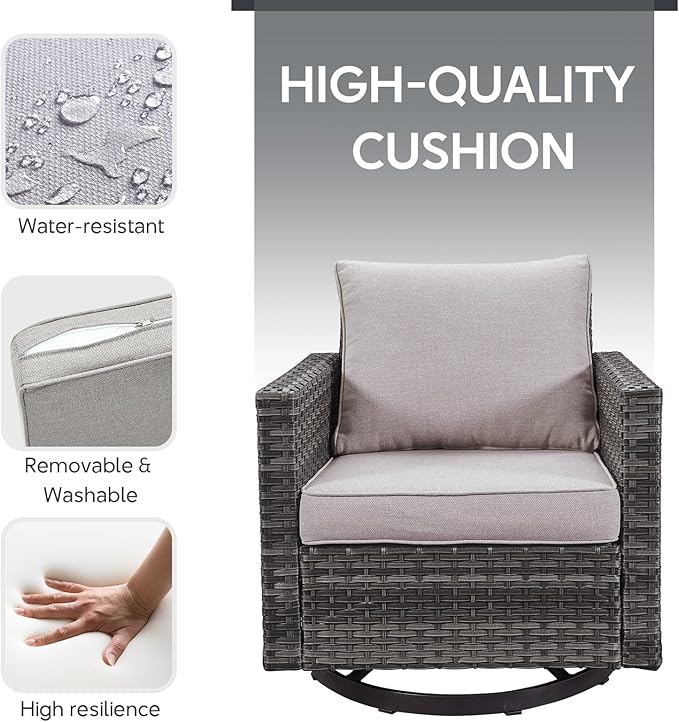 9 Piece Wicker Patio Furniture Set - Outdoor Swivel Rocker Chairs Set with Coffee Table, Rattan Chairs, 3 Seat Sofa & Ottomans, Patio Conversation Sets for Bcakyard Deck - Grey/Beige