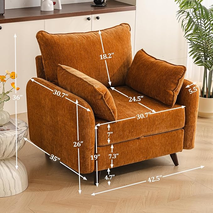 Rexulqo Oversized Accent Chair with Seats Storage,Comfy Living Room Chairs with 2 Throw Pillow,Upholstered Mid-Century Armchair,24.5'' Deep Seat,Reading Chair for Bedroom,Office,Chenille,Yellow