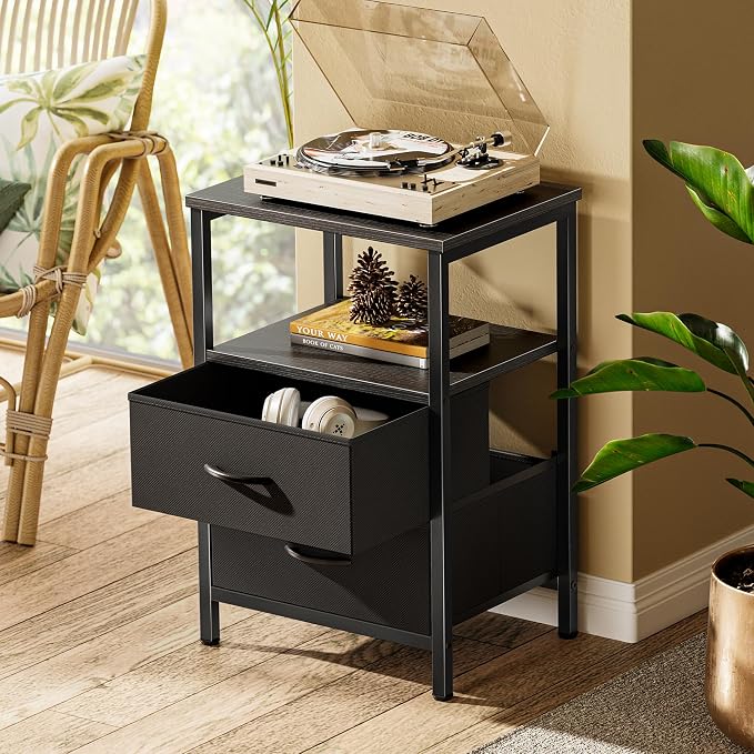 Huuger Night Stand with 2 Drawers, Bed Side Table with Open Shelf, Wooden Top, Nightstand for Bedroom, End Table for Small Space, Fabric Drawer, Black - Image 2
