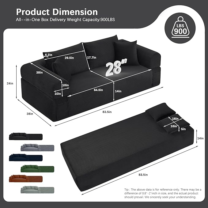 83" Modern Sofa in a Box, No Assembly Oversized 3 Seater 28" Deep Seat Cloud Sofa Bed Couch with 4 Furry Pillows & Corduroy Fabric, Boneless Couch with Side Storage Pockets for Living Room, Black