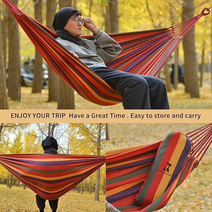 Rainbow Hammock Cotton Hammocks Comfortable Fabric Hammock with Tree Straps for Travel Patio Garden, Hanging Sturdy Hammocks Up to 660lbs Indoor/Outdoor Portable Hamacas with Travel Bag（Rainbow） - Image 2