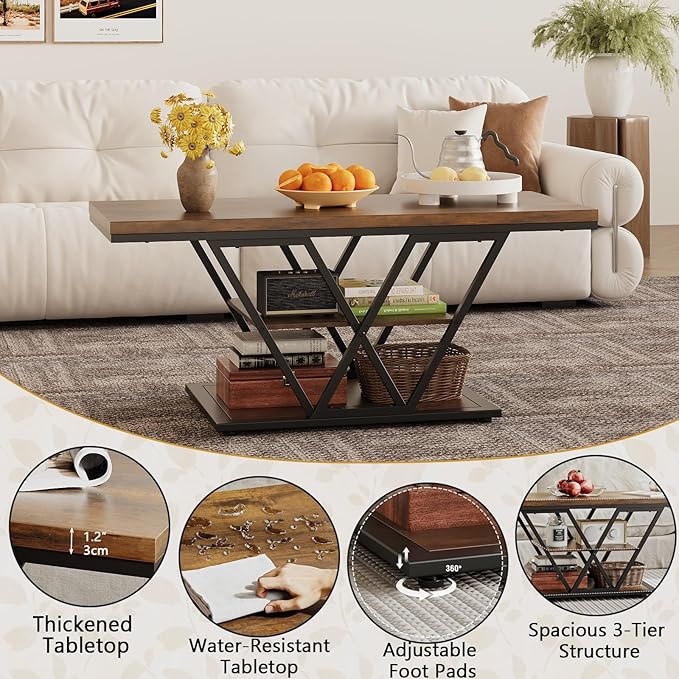 Coffee Table with Storage Industrial 3 Tier Center Living Room Table Farmhouse Wooden Rectangle Cocktail Rustic Tea Table for Office Bedroom(Brown)