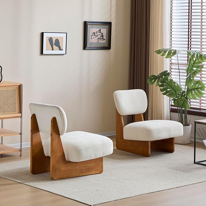 Christopher Knight Home Mores Low Profile Accent Chair Set of 2, Modern Living Room Armless Lounge Chair, Fabric Comfy Reading Chair for Bedroom, Wooden Frame and Thick Padded Seat, Beige + Natural
