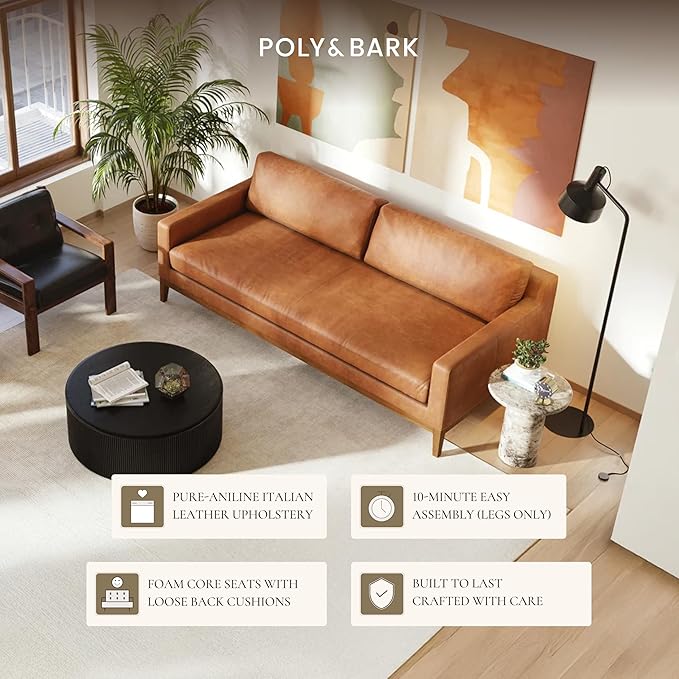POLY & BARK Zyon 90" Sofa – Saddle Tan Full-Grain Pure-Aniline Italian Leather, Feather-Down Cushions, Solid Wood Base & Legs, Mid-Century Modern Design