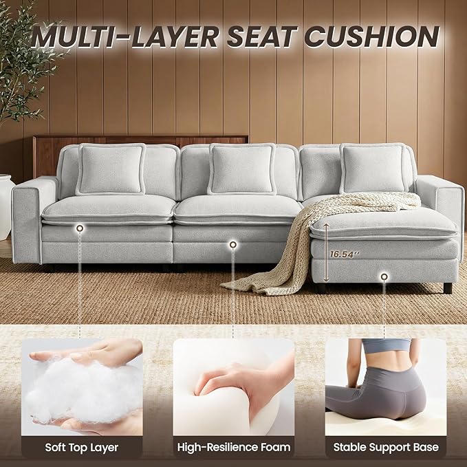 Modular Sectional Sofa 107", Comfy Cloud Couch with Ottoman, Deep 4-Seat L Shaped Modular Sofa, Couches with Throw Pillows for Living Room, Beige