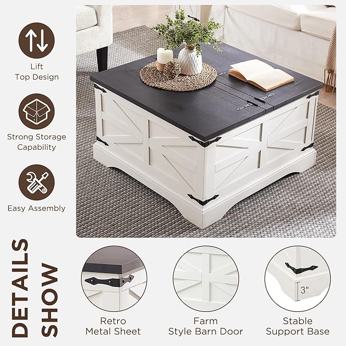 JXQTLINGMU 36" Farmhouse Lift Top Coffee Table with Storage, Wood Square Center Table with Large Hidden Compartment, Rustic Lift Tabletop Dining Table for Home Living Room, White