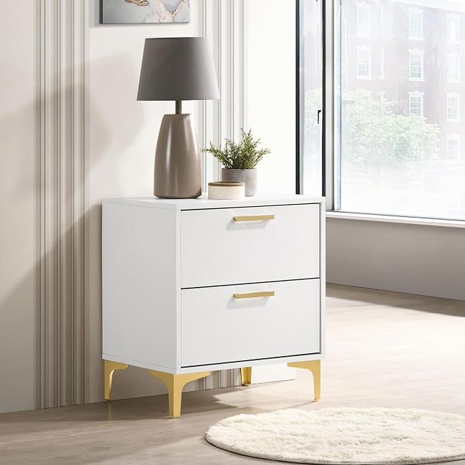 Coaster Home Furnishings Kendall 2-Drawer Contemporary Nightstand Bedroom Storage Cabinet Bedside Table Engineered Wood Eco-Friendly Laminate with Gold Metal Legs and Handles White 224402 - Image 2