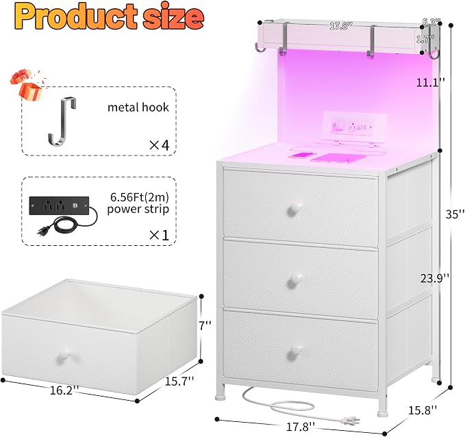 EnHomee Nightstand with Charging Station & Led, Nightstand with 3 Fabric Drawers, Bedside Table for Bedroom,Entryway, Hallway, Closet, 4 Hooks, 1 top Shelf, White - Image 2