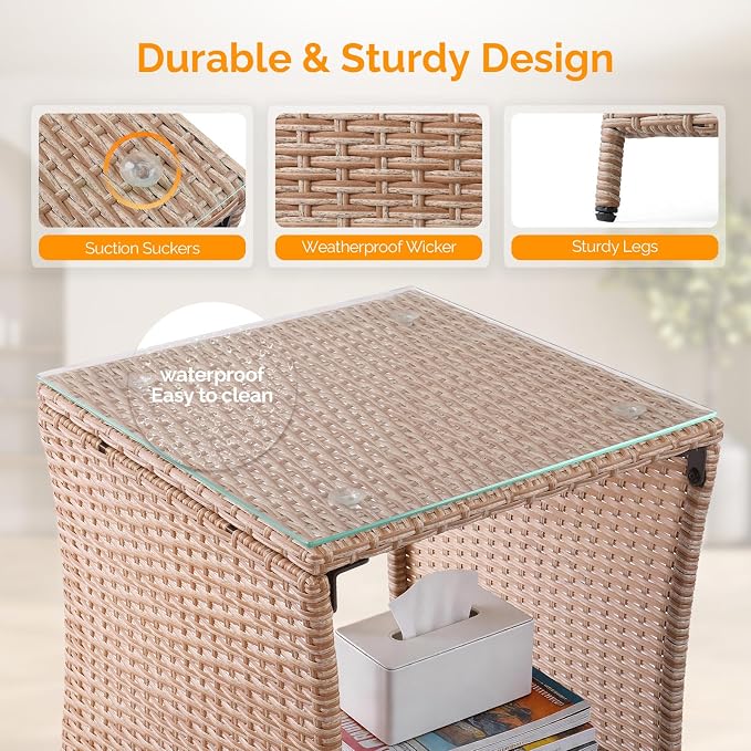 VINGLI Outdoor Wicker Side Table Patio Side Tables for Outside, Tempered Glass Top Wicker Table with Storage End Table for Balcony Porch Deck (Natural) - Image 4