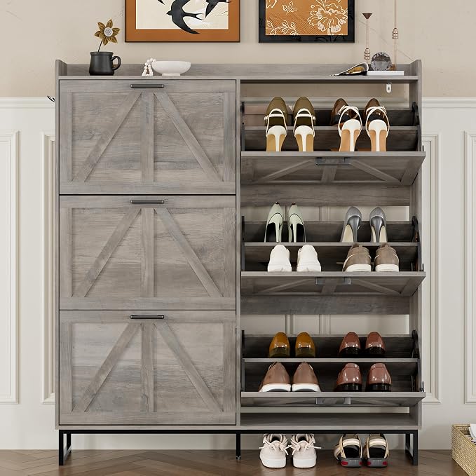 BORNOON Shoe Cabinet with 6 Flip Drawers Narrow Shoe Storage Cabinet Organizer Wooden Freestanding Shoe Rack Hidden Slim Shoes Storage Cabinet for Entryway, Hallway, Living Room, Bedroom - Image 5