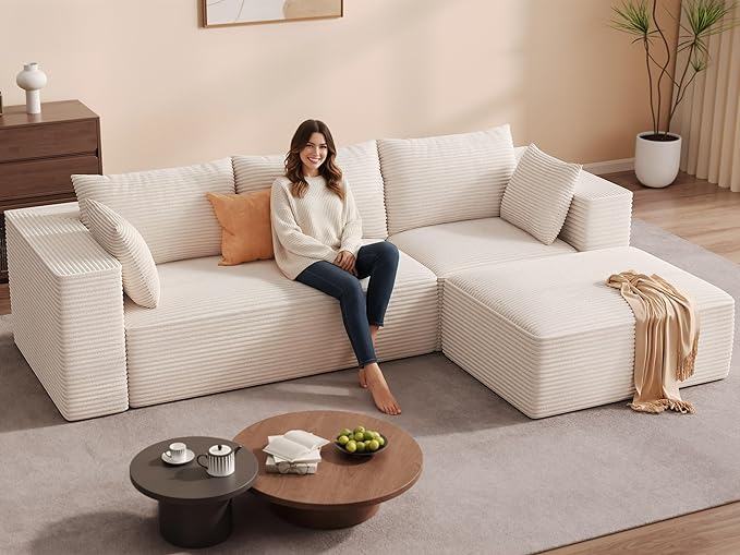 DWVO 108" Modular Sectional Couch with L-Shape Chaise, Modern Cloud Sectional Sofa with Deep Seat, Upholstered Couches for Living Room Bedroom, No Assembly Required, Beige