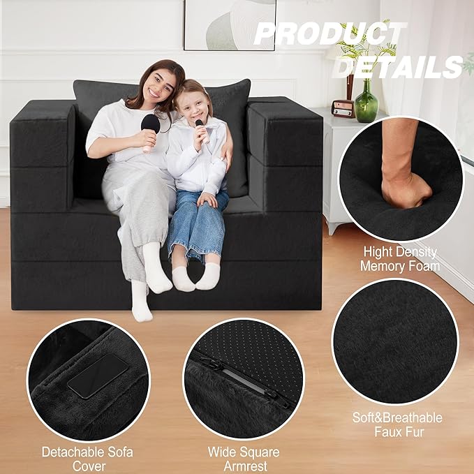 Futon Sofa Bed with Pillow, 3-in-1 Sleeper Sofa Bed with Removable Cover, Convertible Floor Sofa Bed, No Assembly Boneless Couch for Living Room, Bedroom