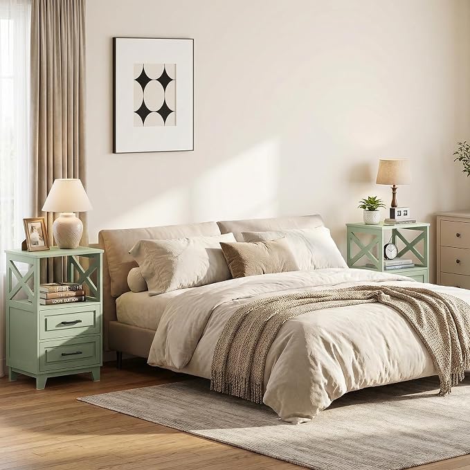 May in Color White Nightstand, Tall Bedside Table, Farmhouse Side Table with Storage Drawers and Open Shelf, Wooden Rustic End Table Cabinet for Bedroom, Home Office, Green - Image 3
