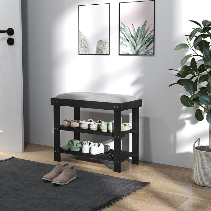 HOMCOM Bamboo Shoe Bench, 3-Tier Entryway Bench with Storage and Cushion, Shoe Organizer for Entryway, Hallway, Holds Up to 331 lbs, 23.6 x 11.4 x 19.3 Inches, Black - Image 9