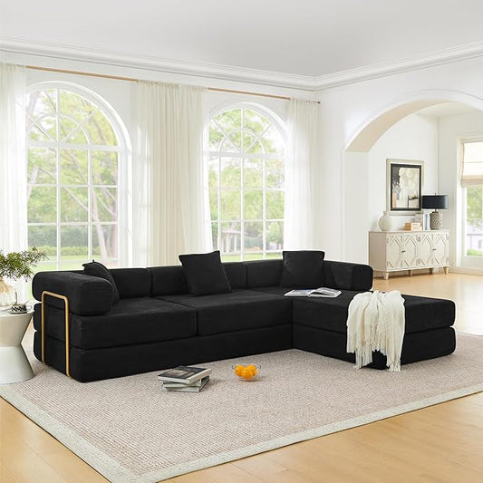 Eafurn L Shaped Convertible Sleeper Sofa Bed King Size Sleeper Sofabed, 7-in-1 DIY Combination Corduroy Folding Mattress Couch with Fixed-Shape Frame, Boneless Floor Sofa Couch
