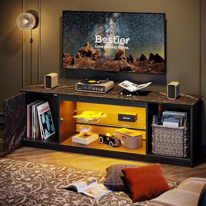 Bestier LED TV Stand for 55/60/65 Inch TV, Gaming Entertainment Center with Cabinet for PS5, Xbox,Modern TV Cabinet with Adjustable Glass Shelves for Living Room, Bedroom 57 Inch,Black Marble - Image 3