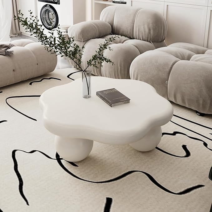 35.03" Cloud Coffee Table for Living Room Unique Coffee Table Modern Low Coffee Tables Cute Center Table with 3 Ball Legs for Small Space Apartment Cream Flower-White