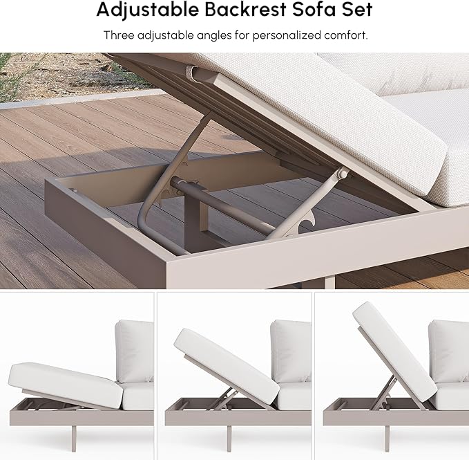 homary 6 Piece Aluminum & Teak Outdoor Sofa Set, Patio Conversation Sets Modular Outdoor Sofa with Covers, Waterproof, Fade Resistant Cushions Ideal for Patios & Balconies, Light Gray