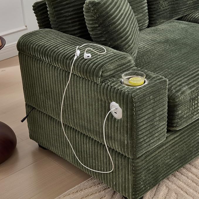 KEIKI Combination Sofa Bed Set, 4 Seat Chaise Lounge Sofa with Armrest Storage, Cupholders, USB, Deep Seat Couch Reading Chairs for Living Room, Green