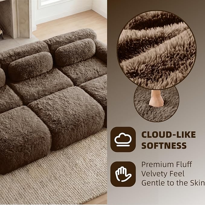 114.7" Sectional Sofa Bed, 6-Seater Modular Sleeper Boneless Couch with Movable Ottoman, Plush Convertible Sofa Set Deep Seat Couches for Living Room, Bedroom and Apartment, Chocolate