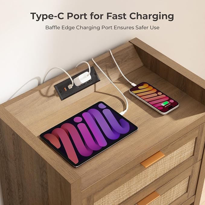 SICOTAS Rattan Nightstand End Table - Night Stand Bedside Table with Type-C Charging Station, 2 Drawers Storage - Boho Night Stands for Bedroom - Natural Oak - Image 4