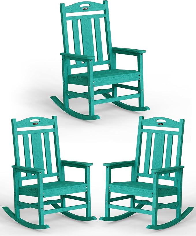 Ciokea Oversized Outdoor Rocking Chairs Set of 3, 380lbs Heavy-Duty Large Patio Rocker, High Back Cozy Porch Chairs, Weather Resistant Patio Rocking Chairs for Outside, Fire Pit, Deck, Aruba Blue by CIOKEA