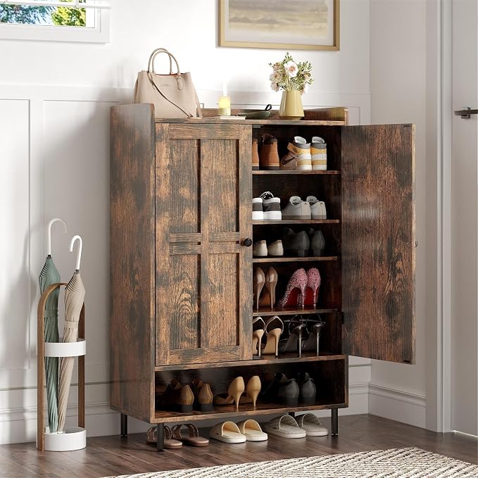 ONBRILL Shoe Storage Cabinet with Cross Molding Doors, 6-Tier Shoe Cabinet with 3 Adjustable Shelves and Metal Legs, 45 Inch Tall Shoes Rack Organizer for Entryway, Front Door, Rustic Brown by ONBRILL