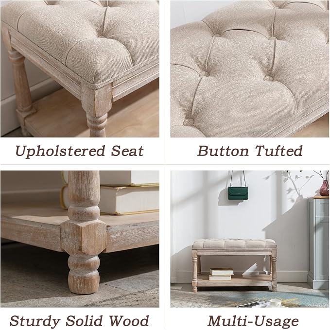 Farmhouse Storage Bench Wooden Entryway Linen Upholstered Ottoman Button Tufted Bench for Bedroom End of Bed Hallway Organizer, Beige, 32 Inch - Image 3
