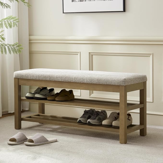 VKNOW Entryway Bench, 44.3” Upholstered Shoe Storage Bench for Bedroom, 2-Tier Storage End of Bed Bench with Rubberwood Legs for Living Room, Hallway, Brown by VKNOW