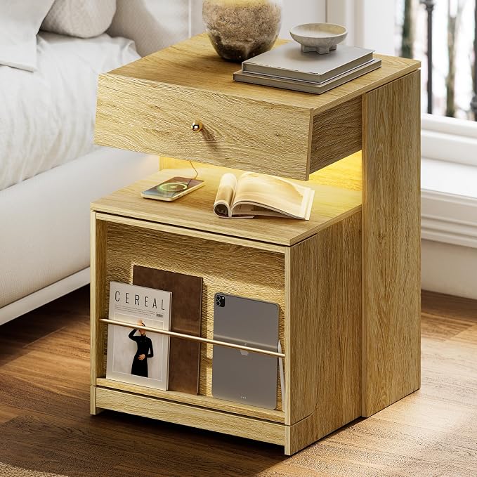 Night Stand with Charging Station, Modern LED Nightstand with Sliding Drawer & Storage Cabinet, Wood Bedside Table End Side Table for Bedroom Small Space, Natural Oak - Image 7