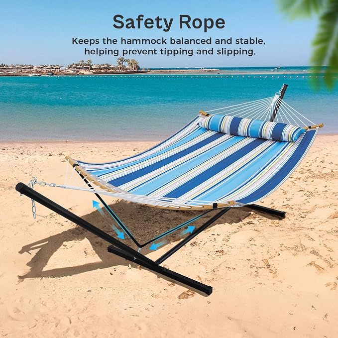 SUPERJARE Curved-Bar Hammock with Stand, 2 Person Heavy Duty Hammock Frame, Detachable Pillow & Portable Carrying Bag, Perfect for Outdoor & Indoor, Holiday Voyage Stripe - Image 4
