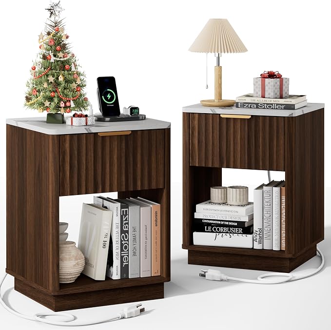 Fluted Nightstand, Night Stand Set 2, Walnut Nightstands Set of 2 with Charging Station and Faux Marble Top, Modern End Table with Drawer & Open Shelf, Bedside Table for Bedroom Living Room by FavourLife