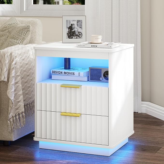Dystler Nightstand with LED Light, Modern End Side Table with 2 Drawers and Open Storage, Smart Bedside Table with Charging Station & Human Sensor for Bedroom, White - Image 8