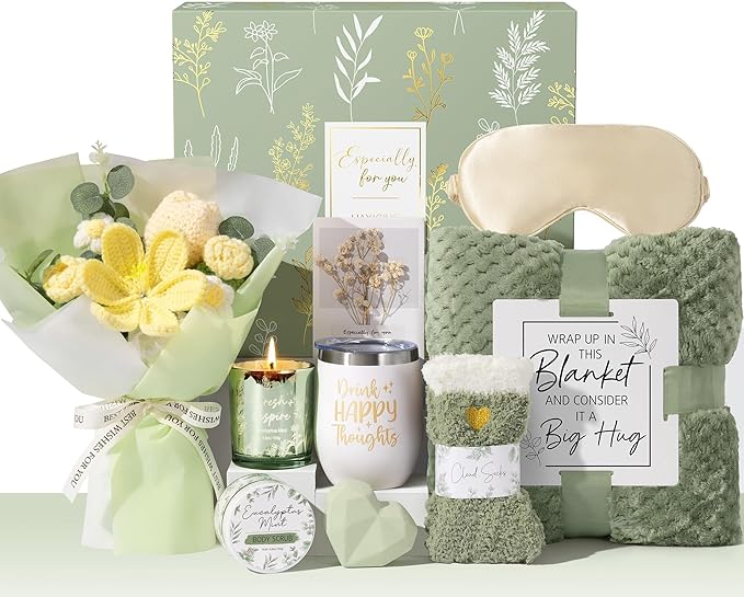Mothers Day Birthday Gifts for Women Self Care Package Get Well Soon Gift Baskets, Thinking of You Sympathy Spa Gift Set w/ Crochet Flower Bouquet, Unique Gifts for Women Mom Sister Grandma Friends