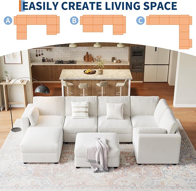GarveeHome 138" Modular Sectional Sofa, 7 Seater Sectional Couch, U Shaped Sofa with Ottoman, Oversized Convertible Modular Couch for Living Room Apartment Office, Chenille Beige