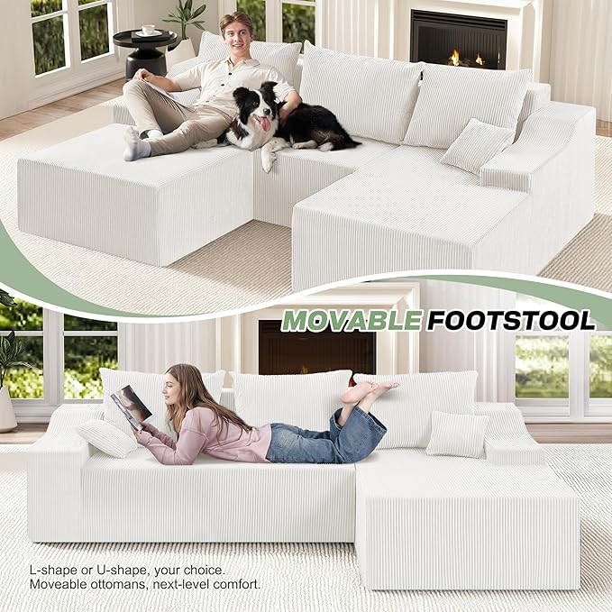 HABUTWAY 94“ U Shaped Modular Sectional Couch for Living Room, Modular Cloud Sofa with Ottoman, No Assembly Boneless Couches with Deep Seat, Corduroy Fabric (Beige, Right Facing)