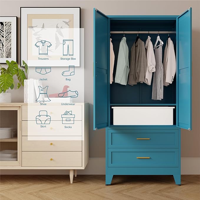 71" Tall Metal Armoire Wardrobe Closet,17.7" Deep By 31.5" Wide Portable Closet for Hanging Clothes,Wardrobe Cabinet with Drawers and Shelves for Bedroom Office Garage,Blue 1 Pack