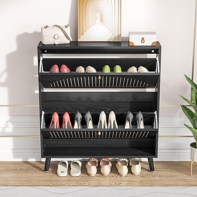 Fsbecl Shoe Storage Cabinet for Entryway with 2 Flip Drawers, Narrow Wood Shoe Cabinet with Fluted Panel, Freestanding Hidden Shoe Organizer for Foyer, Hallway (Black - No Shelf) - Image 3