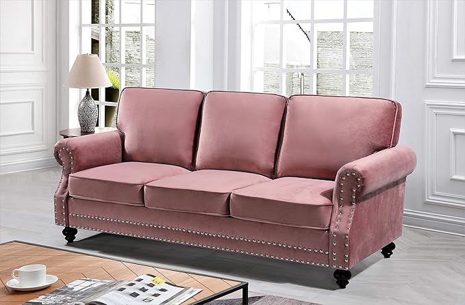 Lotus Mid Century Modern Velvet Upholstered Living Room Rolled Arms, Sofa and Loveseat, Rose