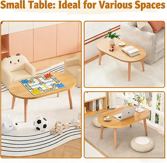 Coffee Table Low Table with 4 Solid Wood Leg, Floor Table Desk for Sitting on The Floor, Small Oval Coffee Table for Small Space, Side Table Japanese Coffee Table for Living Room Apartment Home, Brown