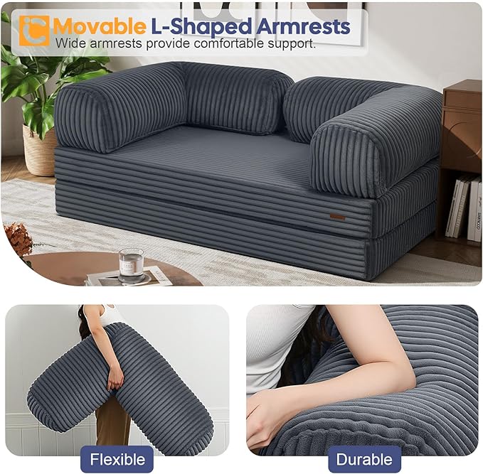 COMAX Convertible Folding Sofa Bed, Foldable Chair Bed Floor Futon Couch with Back Support, Comfy Corduroy Fold Out Mattress Sleeper for Living Room Bedroom