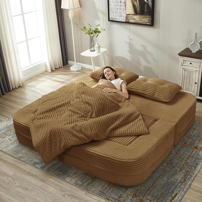 80" Convertible Sectional Sofa Bed, 3-in-1 Folding Floor Couch with Convertible Chaise Lounge, Plush Corduroy Sleeper Sofa for Living Room and Bedroom, No Assembly Required (Camel)
