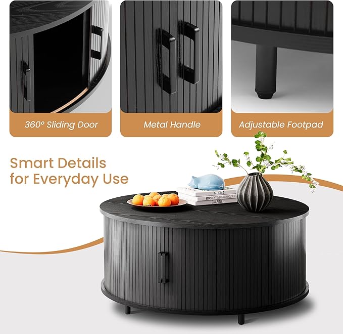 COSIEST Round Coffee Table with Storage, 31.5" Modern Black Coffee Table with 360° Sliding Door, Fluted Wood Accent Center Table with Adjustable Footpads for Living Room