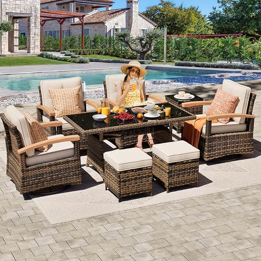 MEISSALIVVE 8 Pieces Patio Furniture Sets, PE Wicker Outdoor Conversation Sets with 2 Wood Armrests Swivel Rocker Chairs, 2 Fixed Single Chairs, 2 Ottomans and Dining Table(Beige)